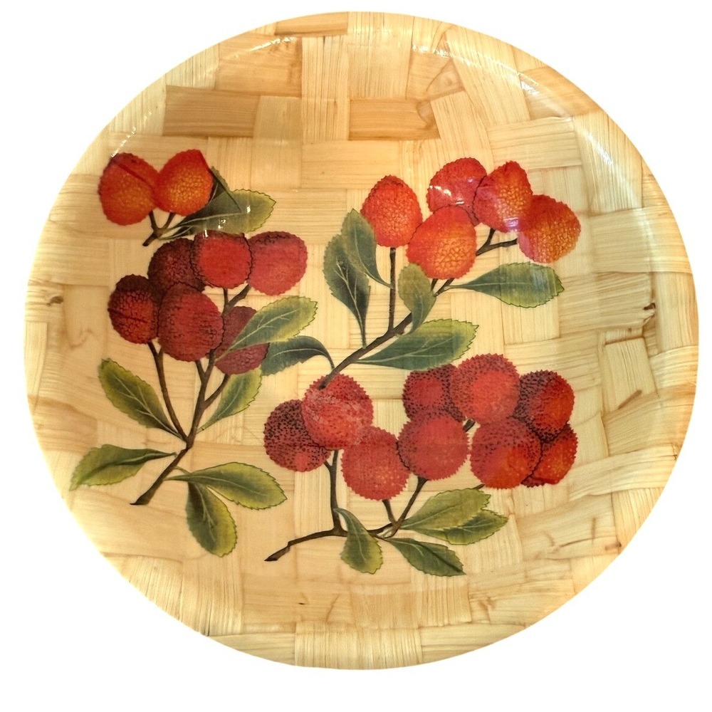 Vintage 6" Bamboo Woven Handpainted Round Bowl with‎ Raspberries